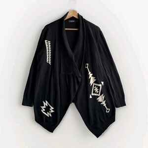 Ralph Lauren Women's Medium Aztec Cardigan Sweater Black Open Front Linen Blend